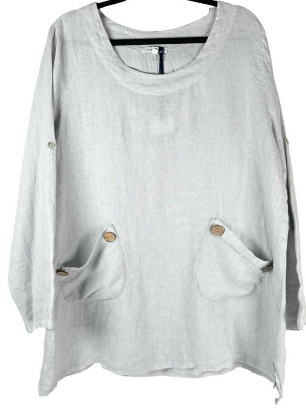Tempo Paris Light Gray 100% Linen Lagenlook Long Sleeve Pocket Tunic Size Large